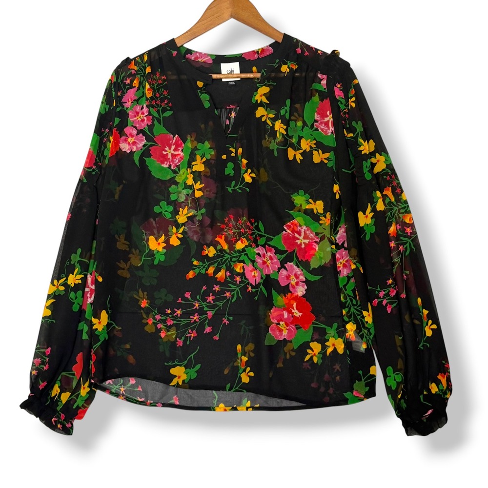 Cabi Sheer Floral Chiffon Blouse S Black Pink Yellow Peasant Boho Cottagecore